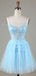 Elegant Spaghetti Straps A-line Tulle Applique Sky Blue Short Homecoming Dresses Online, HD0710