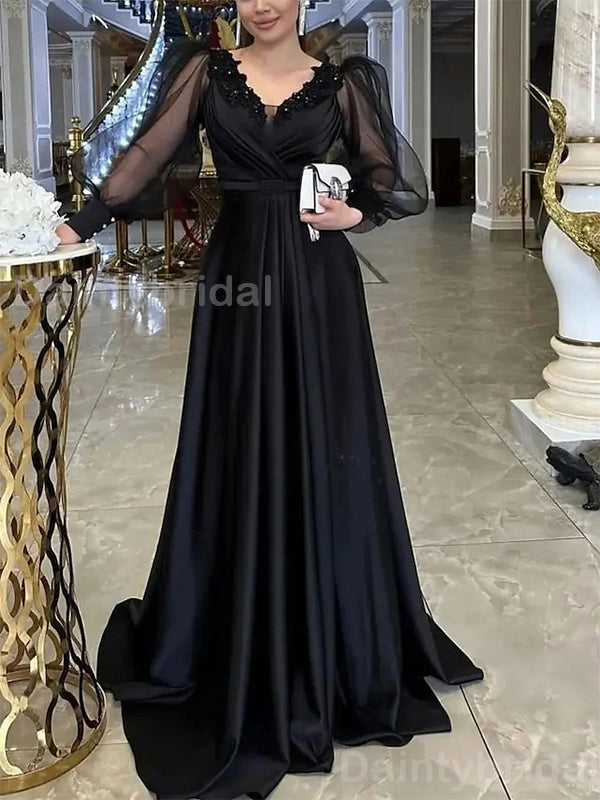 Elegant Long Sleeves A-line V-neck Satin Black Long Evening Prom Dress Online, OL092