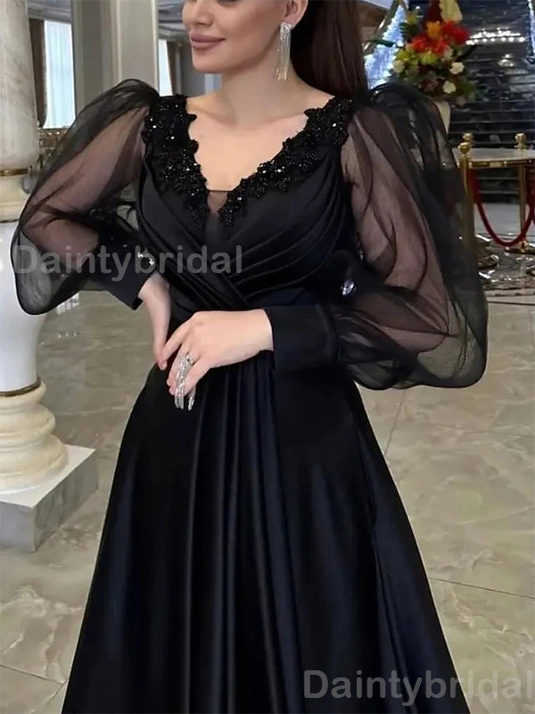 Elegant Long Sleeves A-line V-neck Satin Black Long Evening Prom Dress Online, OL092