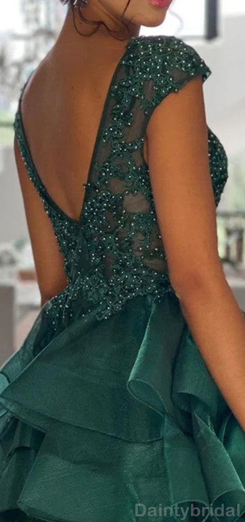 Elegant V-neck A-line Tulle Short Dark Green Homecoming Dresses Online, HD0667