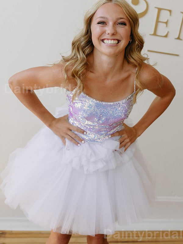 Sparkly Spaghetti Straps A-line Tulle Short Homecoming Dresses Online, HD0721