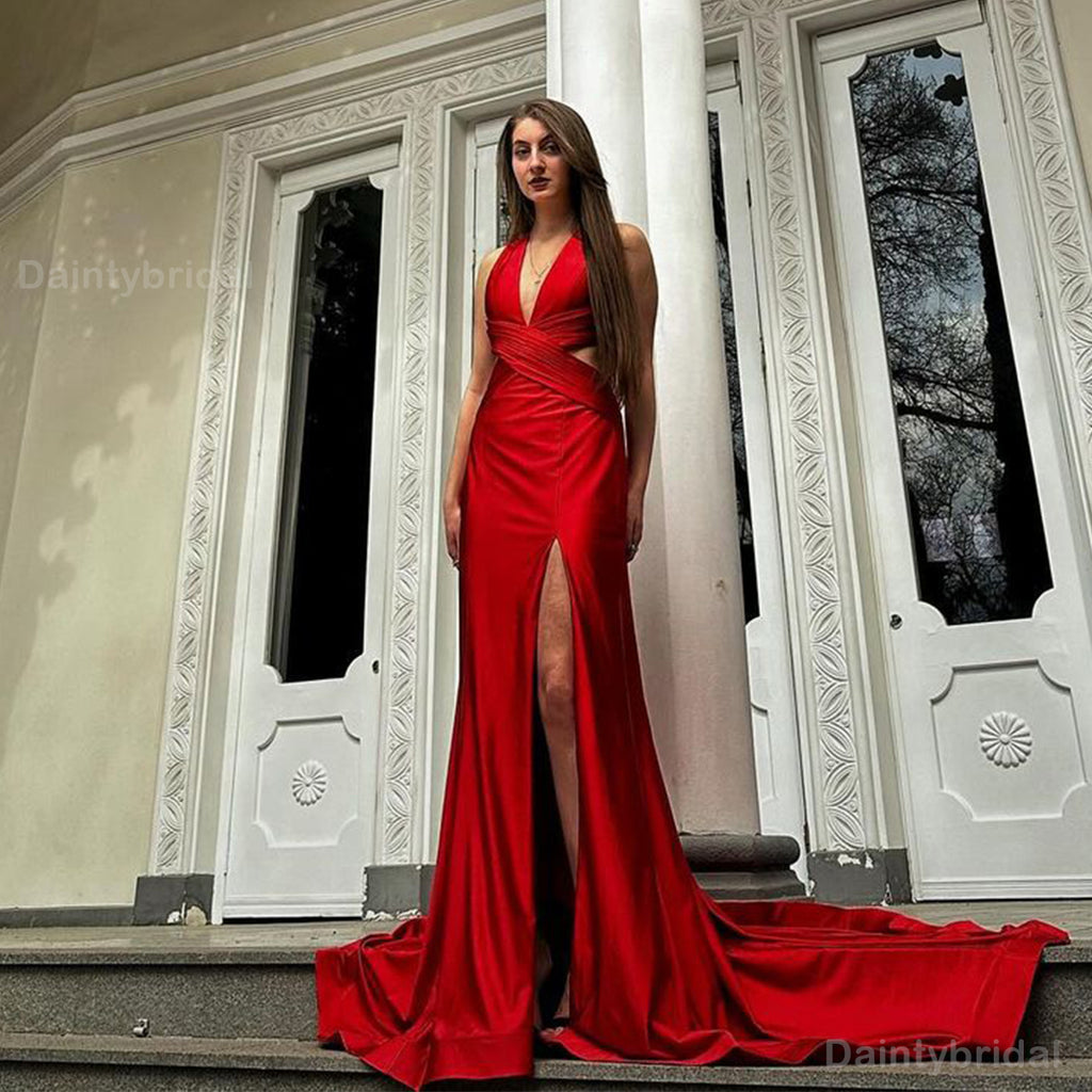 Elegant V-neck Mermaid Satin Side Slit Red Long Bridesmaid Dresses Online, BG773