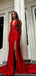 Elegant V-neck Mermaid Satin Side Slit Red Long Bridesmaid Dresses Online, BG773