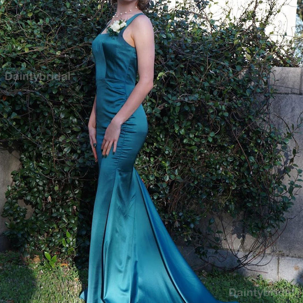 Elegant Square Neck Mermaid Satin Emerald Long Bridesmaid Dresses Online, BG730