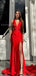 Elegant V-neck Mermaid Satin Side Slit Red Long Bridesmaid Dresses Online, BG773