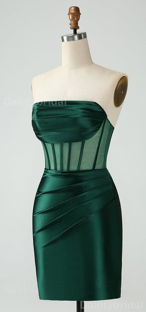 Elegant Straight Neck Sleeveless Dark Green Mermaid Satin Short Homecoming Dresses Online, HD0712