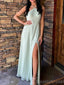 Elegant Halter A-line Side Slit Satin Sage Long Evening Prom Dress Online, OL095