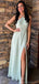 Elegant Halter A-line Side Slit Satin Sage Long Evening Prom Dress Online, OL095