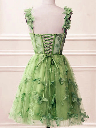 Elegant Straps A-line Tulle Green Short Homecoming Dresses Online, HD0666