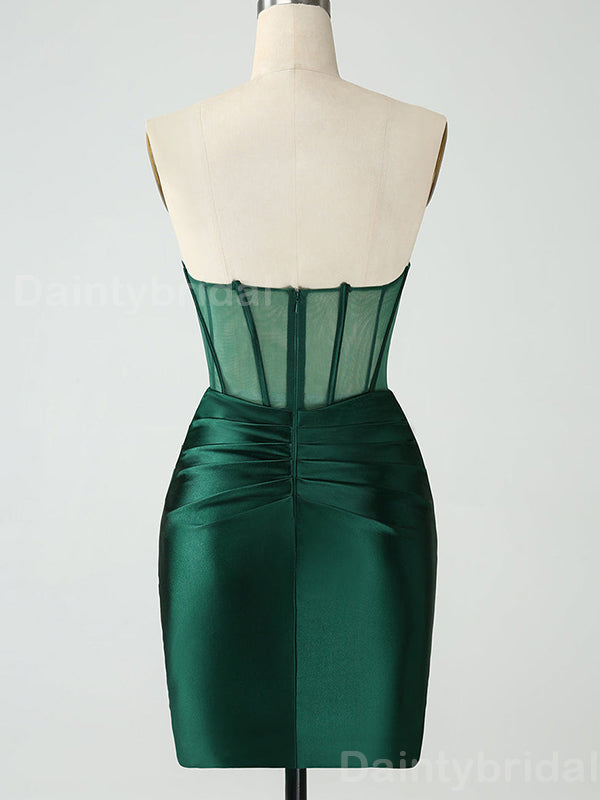 Elegant Straight Neck Sleeveless Dark Green Mermaid Satin Short Homecoming Dresses Online, HD0712