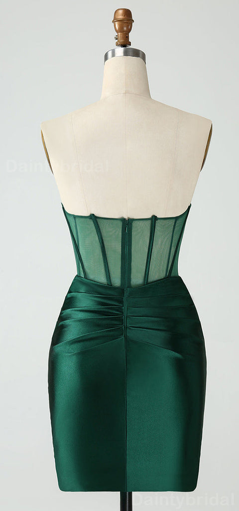 Elegant Straight Neck Sleeveless Dark Green Mermaid Satin Short Homecoming Dresses Online, HD0712