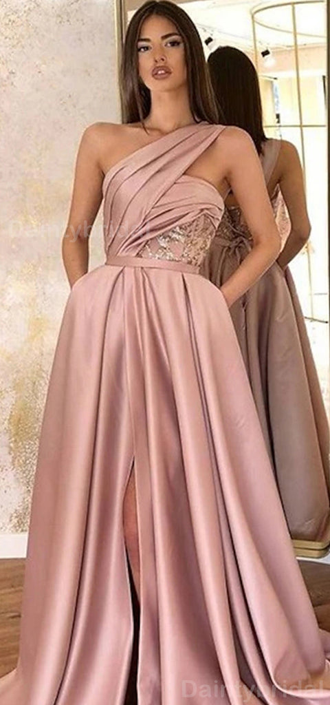 Gorgeous One Shoulder A-line Side Slit Satin Evening Prom Dress Online, OL057