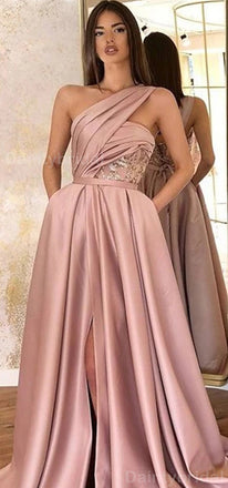 Gorgeous One Shoulder A-line Side Slit Satin Evening Prom Dress Online, OL057