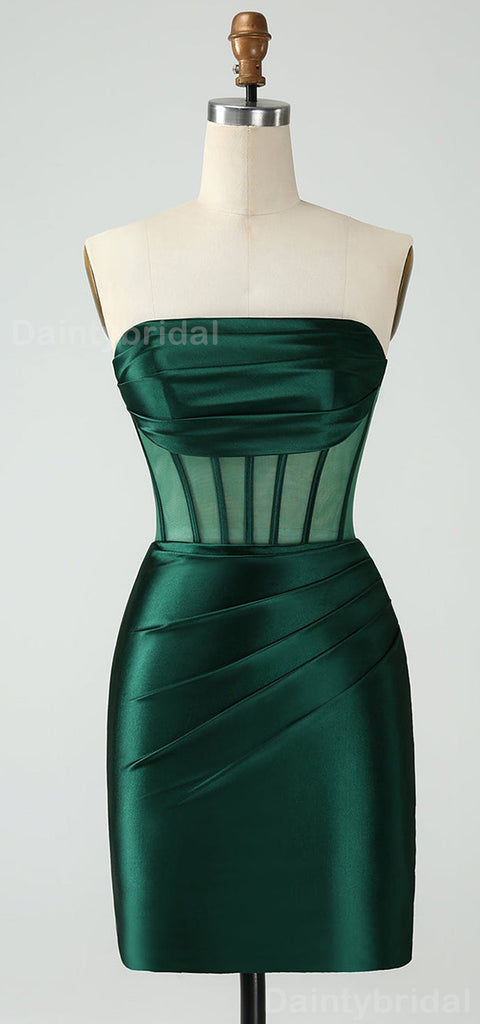 Elegant Straight Neck Sleeveless Dark Green Mermaid Satin Short Homecoming Dresses Online, HD0712