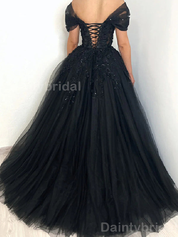 Elegant Off Shoulder A-line Tulle Black Long Evening Prom Dress Online, OL048