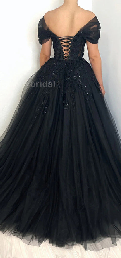 Elegant Off Shoulder A-line Tulle Black Long Evening Prom Dress Online, OL048