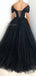 Elegant Off Shoulder A-line Tulle Black Long Evening Prom Dress Online, OL048