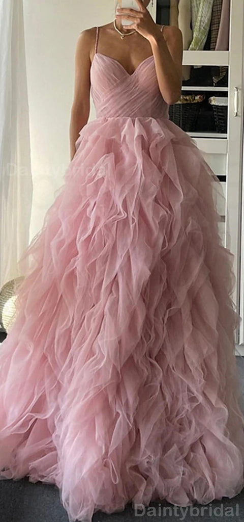 Gorgeous A-line V-neck Spaghetti Straps Tulle Dusty Rose Evening Prom Dress Online, OL082