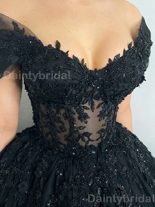 Elegant Off Shoulder A-line Tulle Black Long Evening Prom Dress Online, OL048