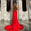 Elegant V-neck Mermaid Satin Side Slit Red Long Bridesmaid Dresses Online, BG773