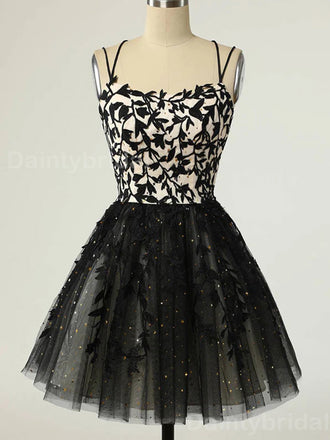 Elegant Spaghetti Straps A-line Applique Black Short Homecoming Dresses Online, HD0675
