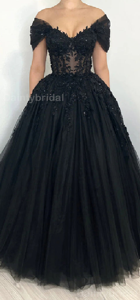 Elegant Off Shoulder A-line Tulle Black Long Evening Prom Dress Online, OL048