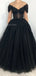 Elegant Off Shoulder A-line Tulle Black Long Evening Prom Dress Online, OL048