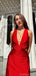 Elegant V-neck Mermaid Satin Side Slit Red Long Bridesmaid Dresses Online, BG773