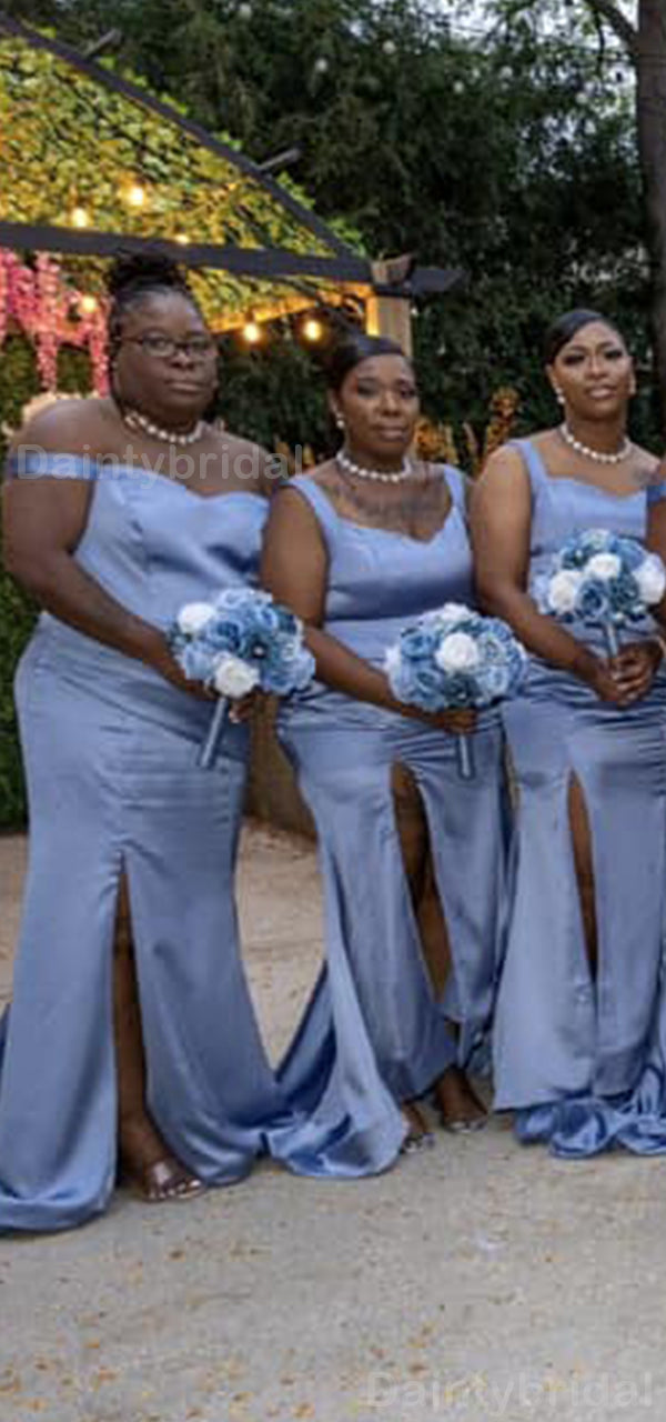 Mismatched Off Shoulder Mermaid Side Slit Satin Dusty Blue Long Brides DaintyBridal Mismatched Off Shoulder Mermaid Side Slit Satin Dusty Blue Long Brides DaintyBridal