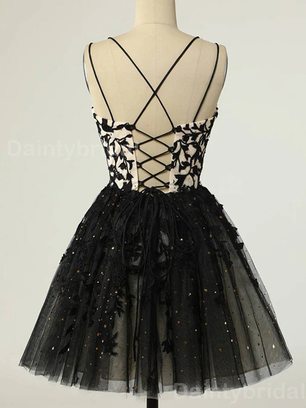 Elegant Spaghetti Straps A-line Applique Black Short Homecoming Dresses Online, HD0675
