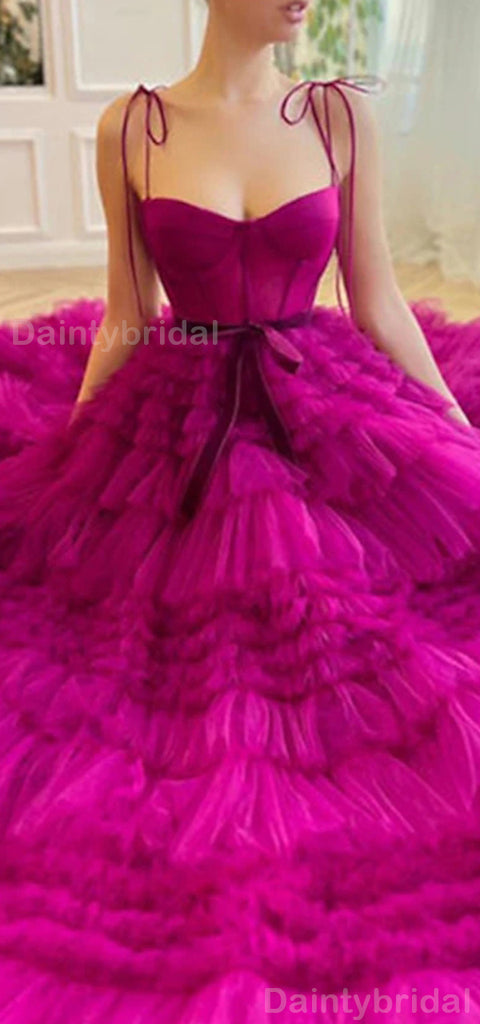 Gorgeous Spaghtti Straps A-line Fuchsia Tulle Evening Prom Dress Online, OL066