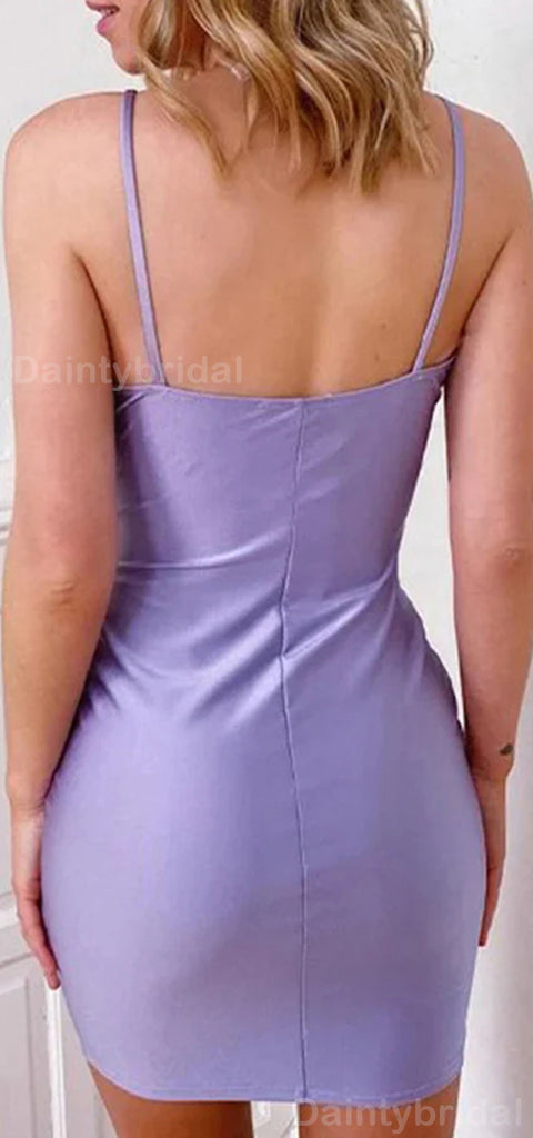 Elegant Spaghetti Straps V-neck Mermaid Lilac Satin Short Homecoming Dresses Online, HD0676