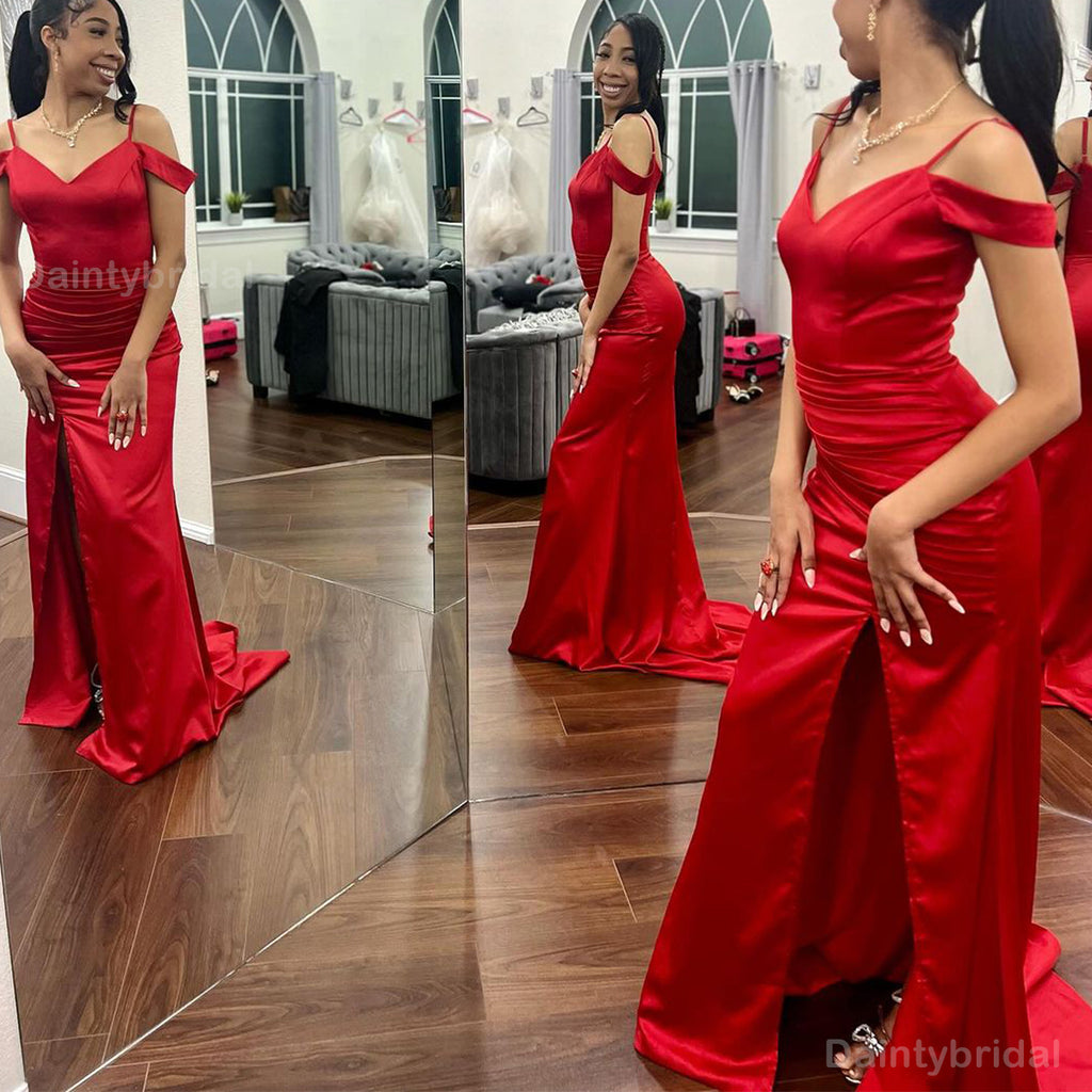 Elegant Cold Shoulder Side Slit Mermaid Satin Red Long Bridesmaid Dresses Online, BG741