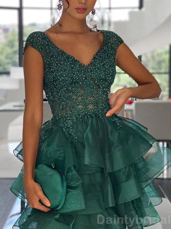 Elegant V-neck A-line Tulle Short Dark Green Homecoming Dresses Online, HD0667