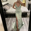 Simple Spaghetti Straps Mermaid Side Slit Satin Sage Long Bridesmaid Dresses Online, BG739