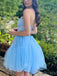 Elegant V-neck Sleeveless Blue A-line Tulle Short Homecoming Dresses Online, HD0714