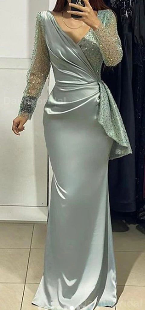 Gorgeous Long Sleeves V-neck Mermaid Satin Evening Prom Dress Online, OL060