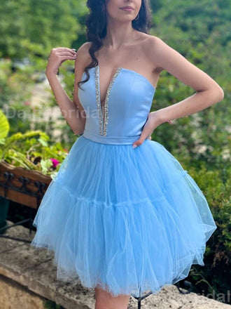Elegant V-neck Sleeveless Blue A-line Tulle Short Homecoming Dresses Online, HD0714