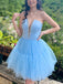 Elegant V-neck Sleeveless Blue A-line Tulle Short Homecoming Dresses Online, HD0714