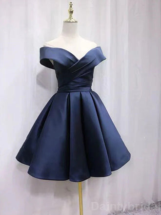 Elegant Off Shoulder A-line Satin Dark Navy Short Homecoming Dresses Online, HD0668