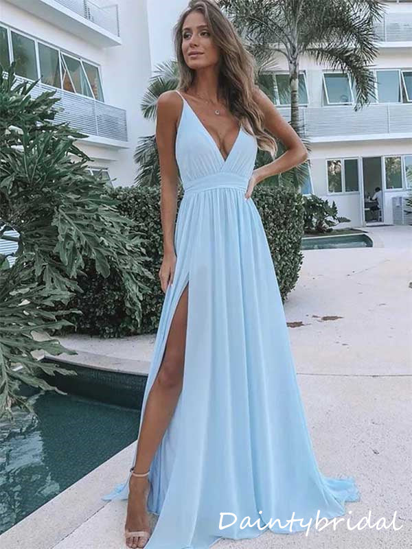 Elegant Chiffon Deep V-neck Spaghetti Straps Prom Dresses Evening Dress with Side Slit, OL920