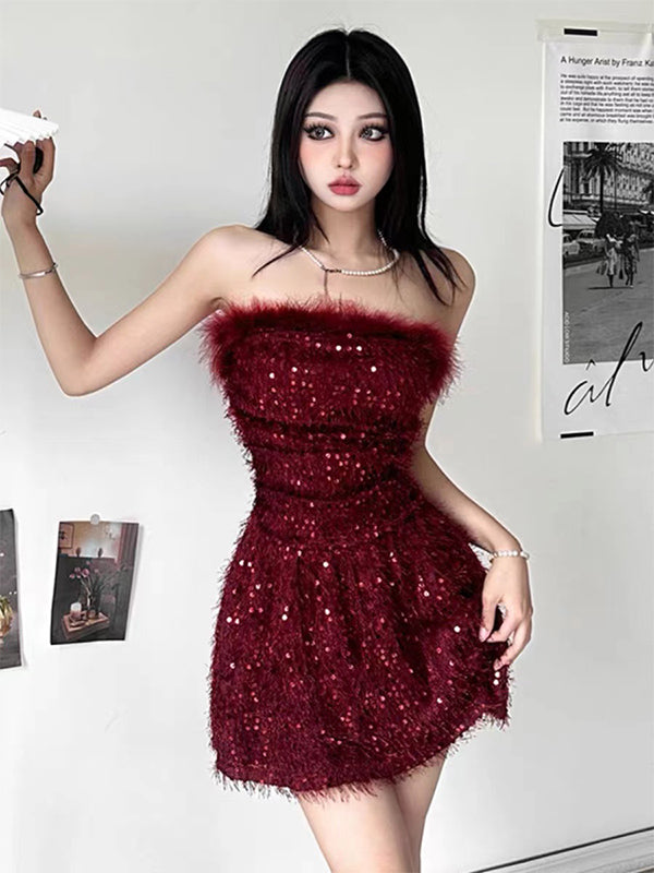 Sparkly Straight Neck A-line Burgundy Sequins Short Homecoming Dresses Online, HD0650