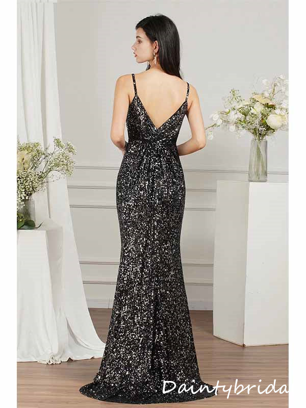 Sparkly Spaghetti Straps V-neck Sheath Girl Prom Dresses Evening Dress, OL929