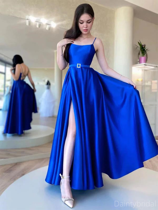 Beaded Straps Long A-line Royal Blue Satin Prom Dresses, Simple Satin –  ClaireBridal