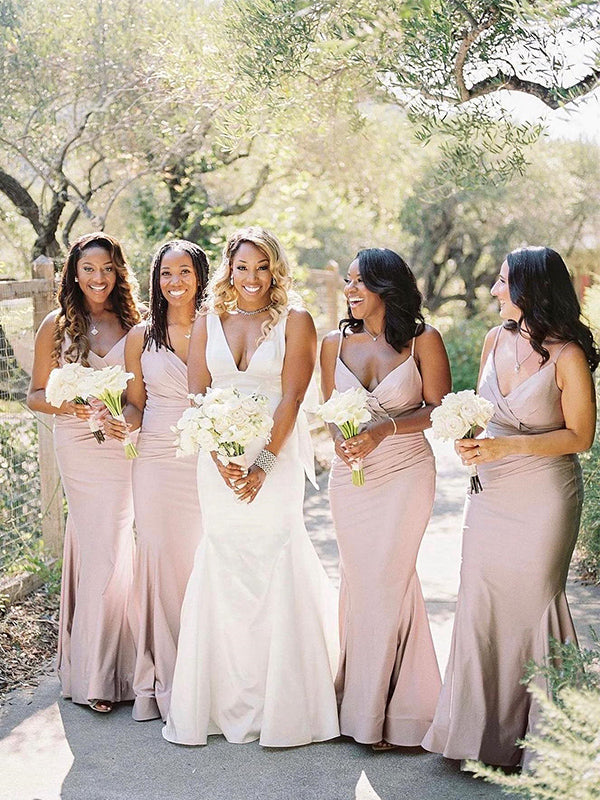 Simple Spaghetti Straps V-Neck Mermaid Blush Satin Long Bridesmaid Dre DaintyBridal Simple Spaghetti Straps V-Neck Mermaid Blush Satin Long Bridesmaid Dre DaintyBridal