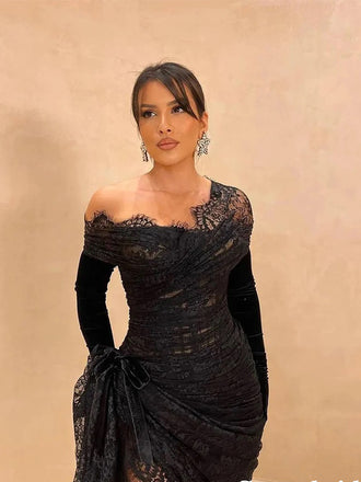 Sexy Long Sleeves OFF the Shoulder Mermaid Black Lace Evening Prom Dresses, OL016