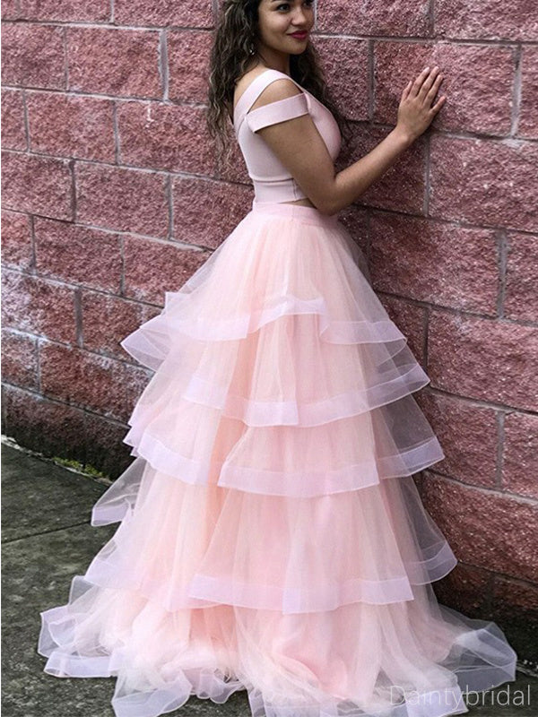 Gorgeous Two Pieces Off the Shoulder A-line Tulle Pink Prom Dresses Evening Dress, OL968