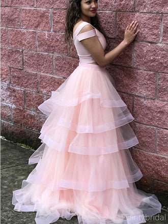 Gorgeous Two Pieces Off the Shoulder A-line Tulle Pink Prom Dresses Evening Dress, OL968