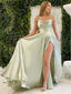 Elegant A-line Spaghetti Straps Side Slit Sage Evening Prom Dresses, OL021
