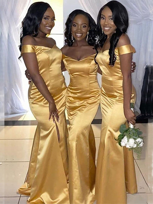 Simple Gold Off the Shoulder Mermaid Satin Long Bridesmaid Dresses wit DaintyBridal Simple Gold Off the Shoulder Mermaid Satin Long Bridesmaid Dresses wit DaintyBridal